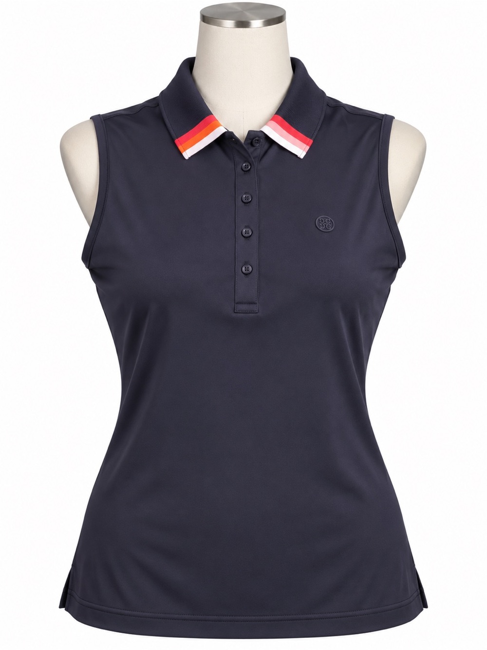 G/FORE Navy Sleeveless Polo with Red-Pink Stripe Collar